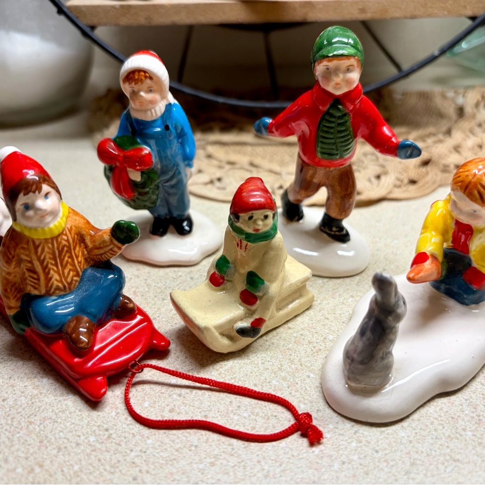 Department 56 Holiday Figurines Set - Sledding, Bunny, Children